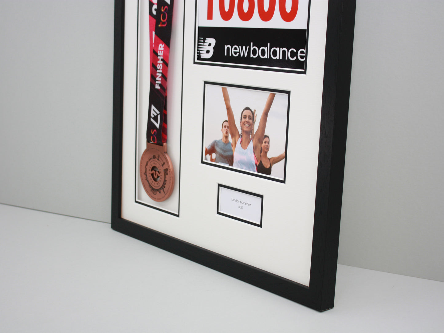 Personalised Medal display Frame with Apertures for Medal, Race Bib, Landscape 6x4" Photo and Text. - PhotoFramesandMore - Wooden Picture Frames