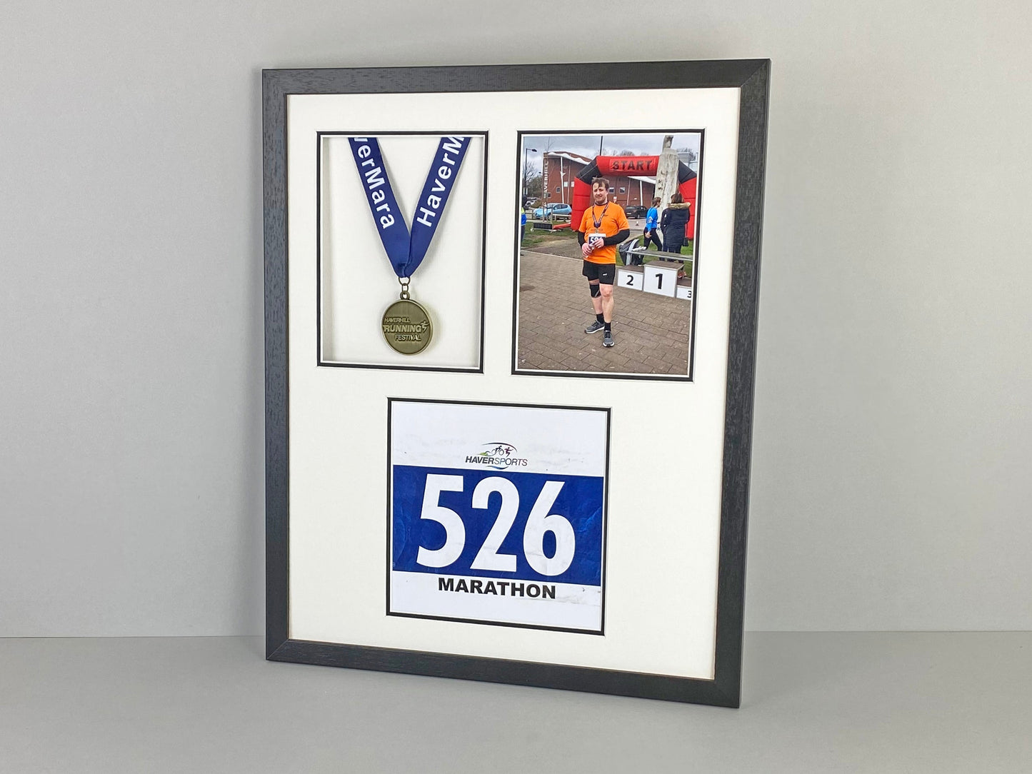 Medal display Frame with Apertures for Bib & Photo. 40x50cm. - PhotoFramesandMore - Wooden Picture Frames