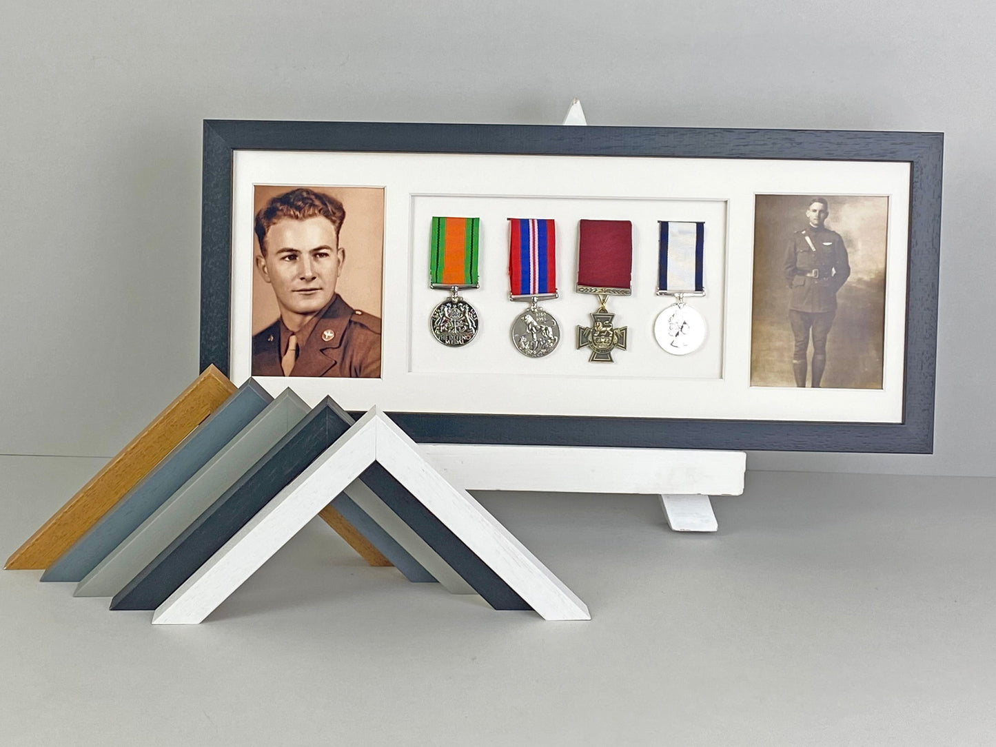 Military and Service Medal display Frame for Four Medals and Two 6x4" Photographs. 20x50cm. - PhotoFramesandMore - Wooden Picture Frames