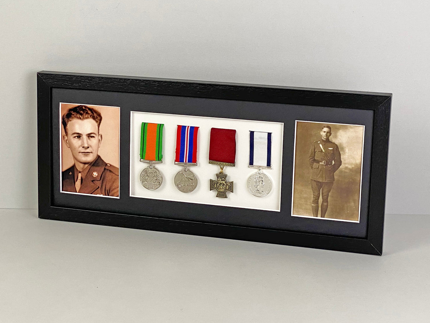 Military and Service Medal display Frame for Four Medals and Two 6x4" Photographs. 20x50cm. - PhotoFramesandMore - Wooden Picture Frames