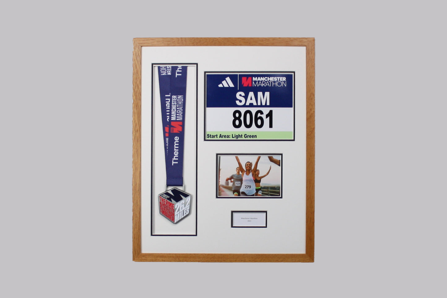 Personalised Medal display Frame with Apertures for Medal, Race Bib (21x16cm), 6x4" Landscape Photo and Text.