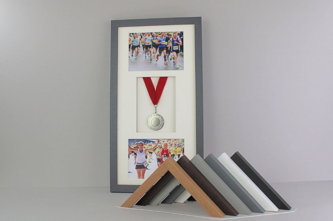 Medal Display frame for One Medal and Two 5x7" Photos. Mixed Layout. - PhotoFramesandMore - Wooden Picture Frames
