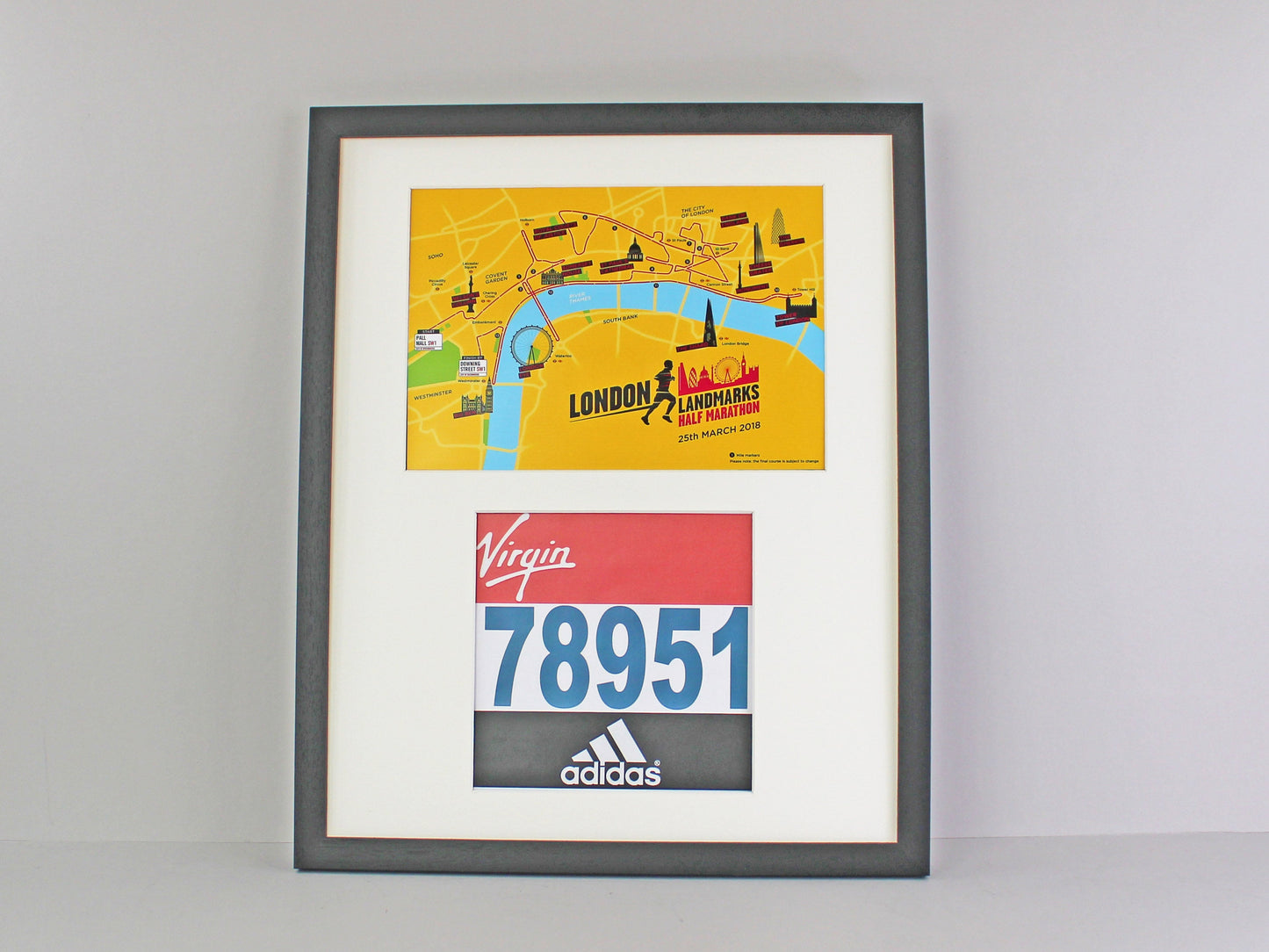 Frame to suit a Running / Cycling Bib and an A4 Certificate / Course Map. Landscape or Portrait - PhotoFramesandMore - Wooden Picture Frames