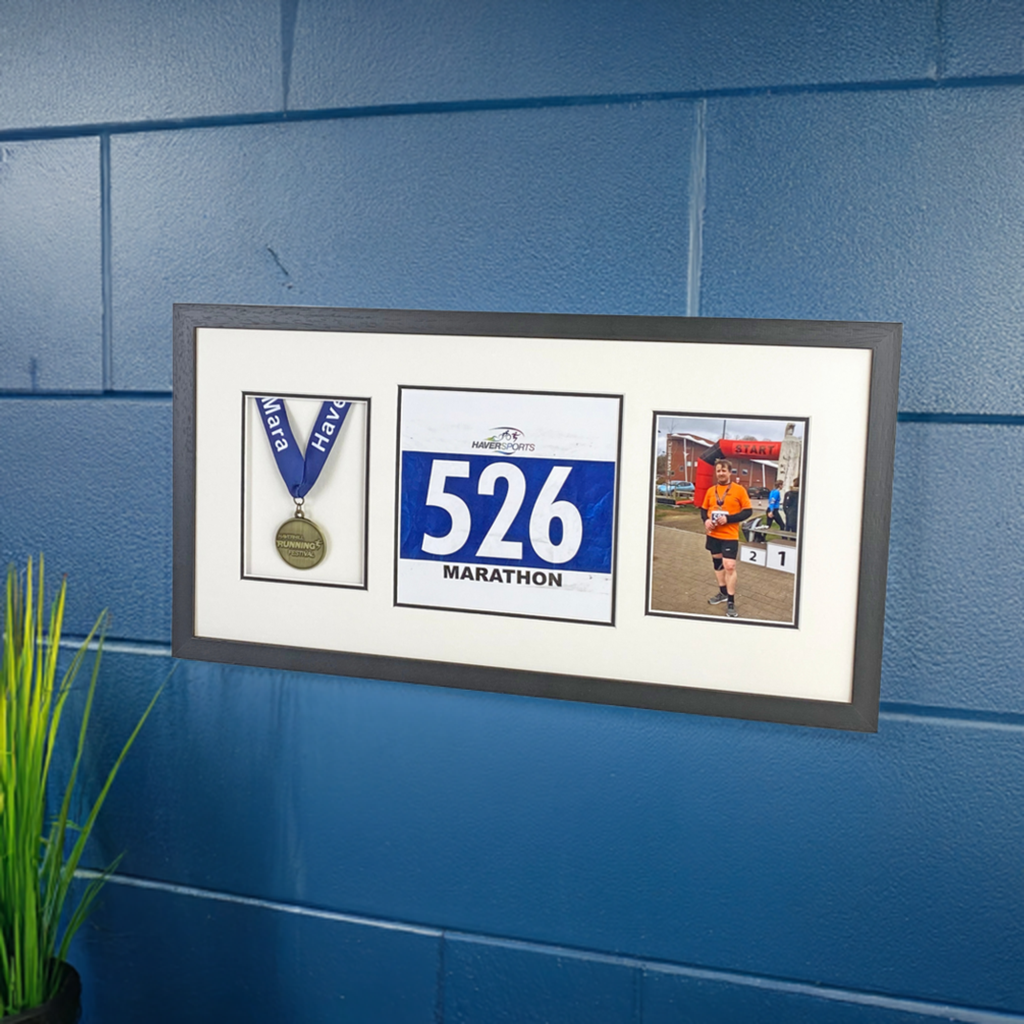 Medal display Frame with Apertures for Medal, Bib number and Photo. - PhotoFramesandMore - Wooden Picture Frames
