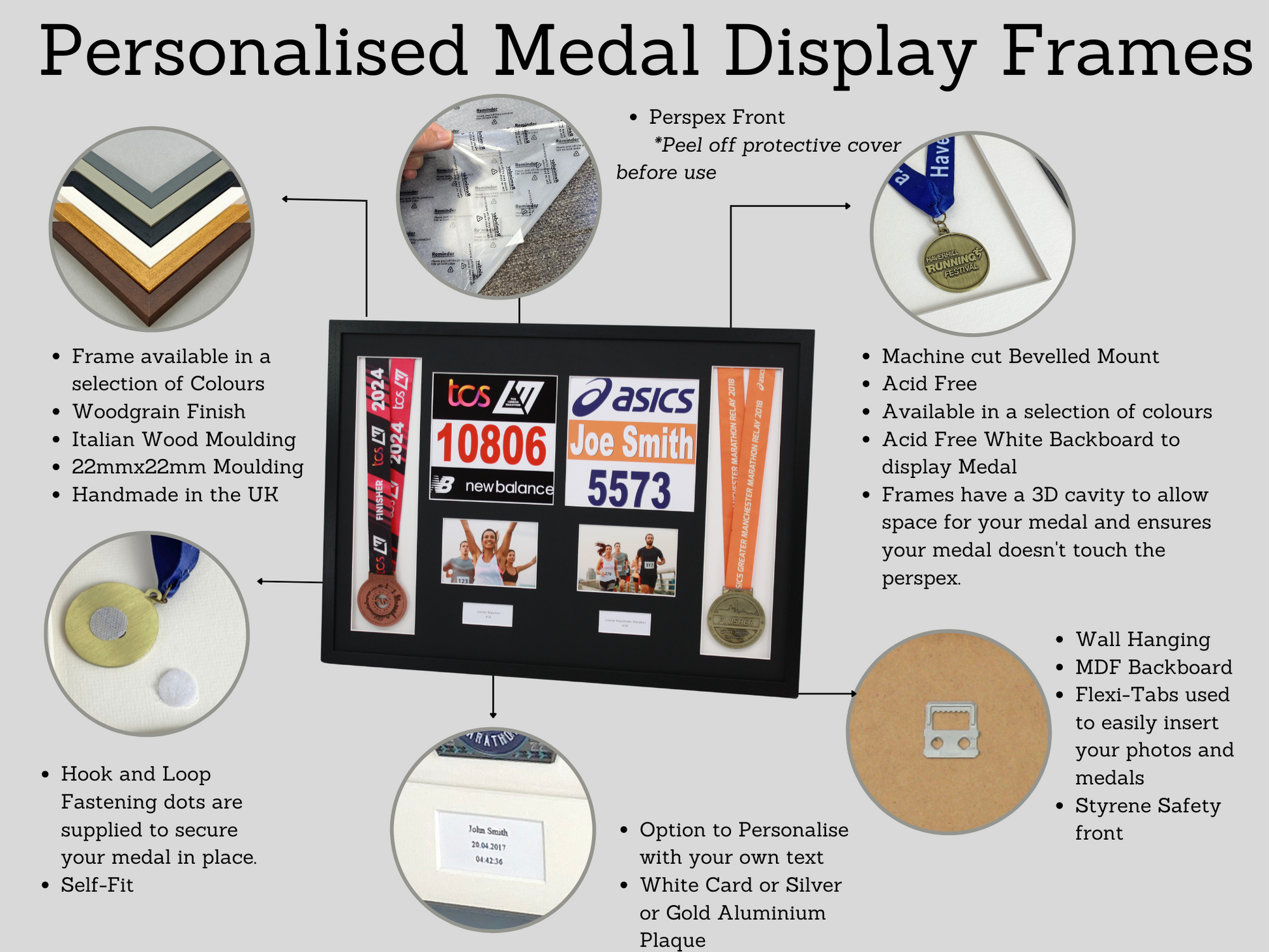 Personalised Double Medal Display frame. Portrait Photos. - PhotoFramesandMore - Wooden Picture Frames