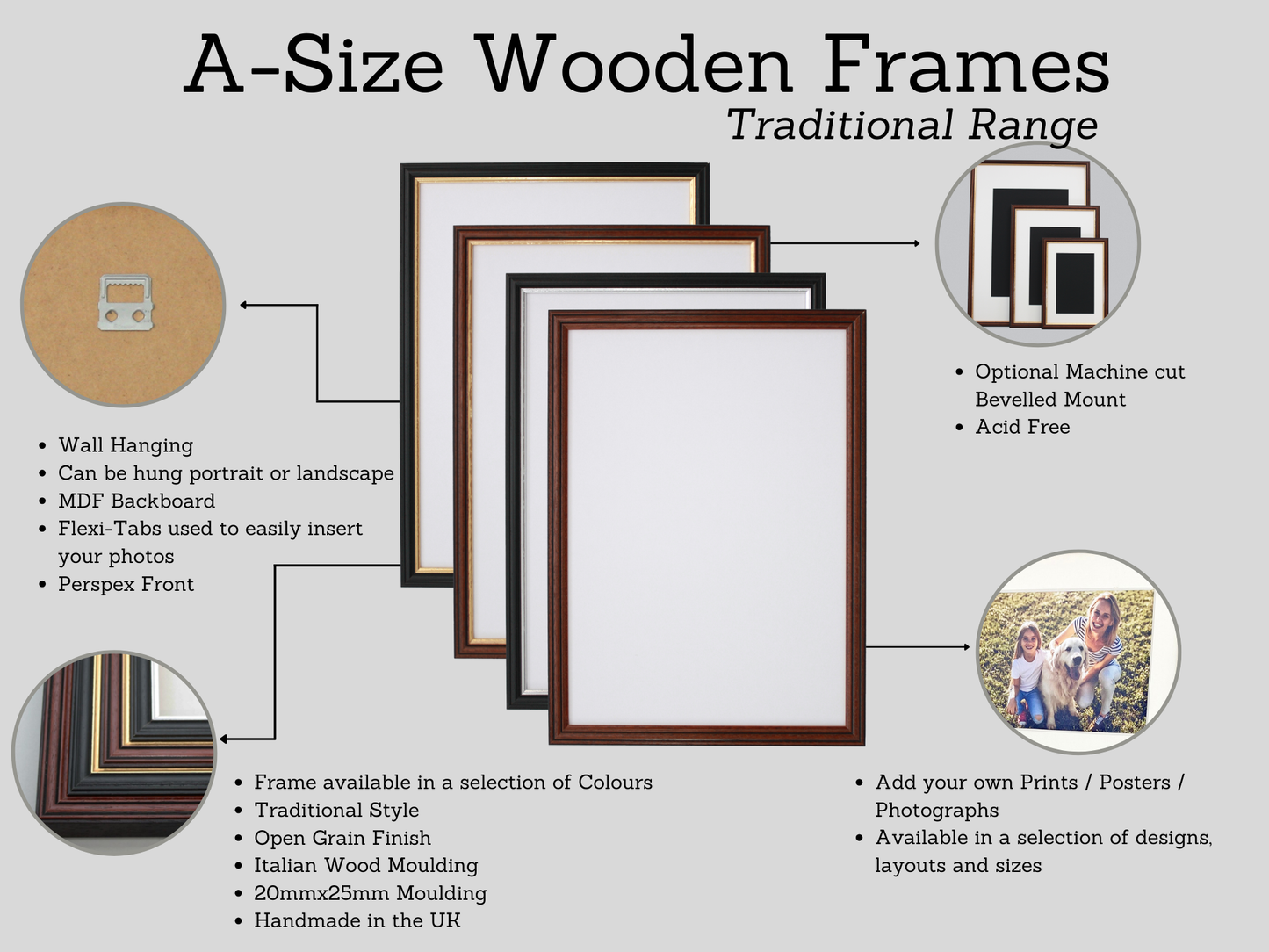 Black with a silver trim - A-Size Frames - Traditional Style - A1, A2, A3, A4 Size Wooden Poster Frame - PhotoFramesandMore - Wooden Picture Frames