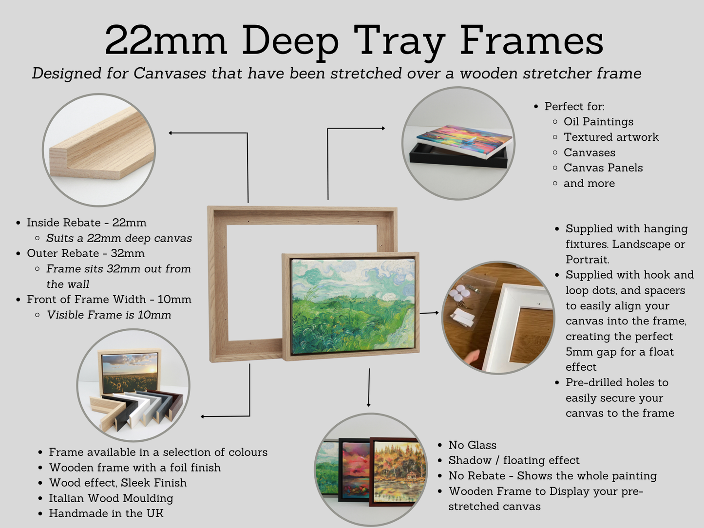Oak Colour Wooden Tray Frames. 22mm Deep. Standard Size. Floating Effect Frames for Canvas - PhotoFramesandMore - Wooden Picture Frames