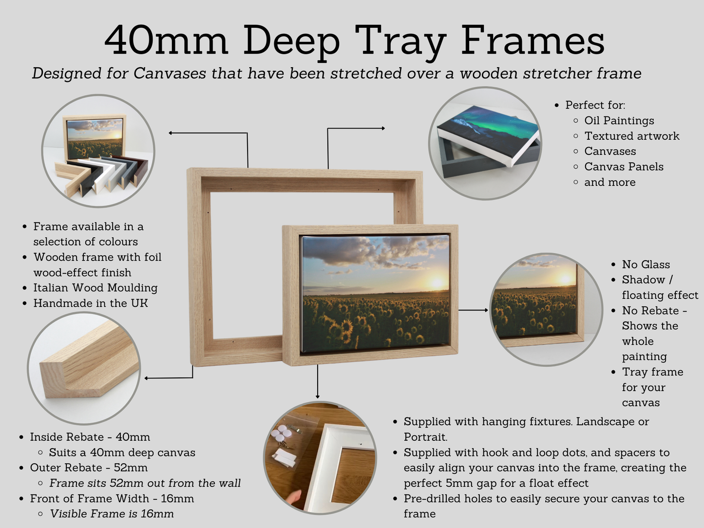 Oak Colour - 40mm Deep Canvas Tray Frames. Standard Sizes. Floating Effect Frames for Canvases.