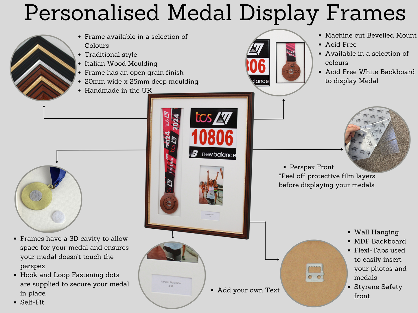 Personalised Medal display Frame with Apertures for Medal, Race Bib, 6x4" Portrait Photo and Text. Traditional Range. - PhotoFramesandMore - Wooden Picture Frames