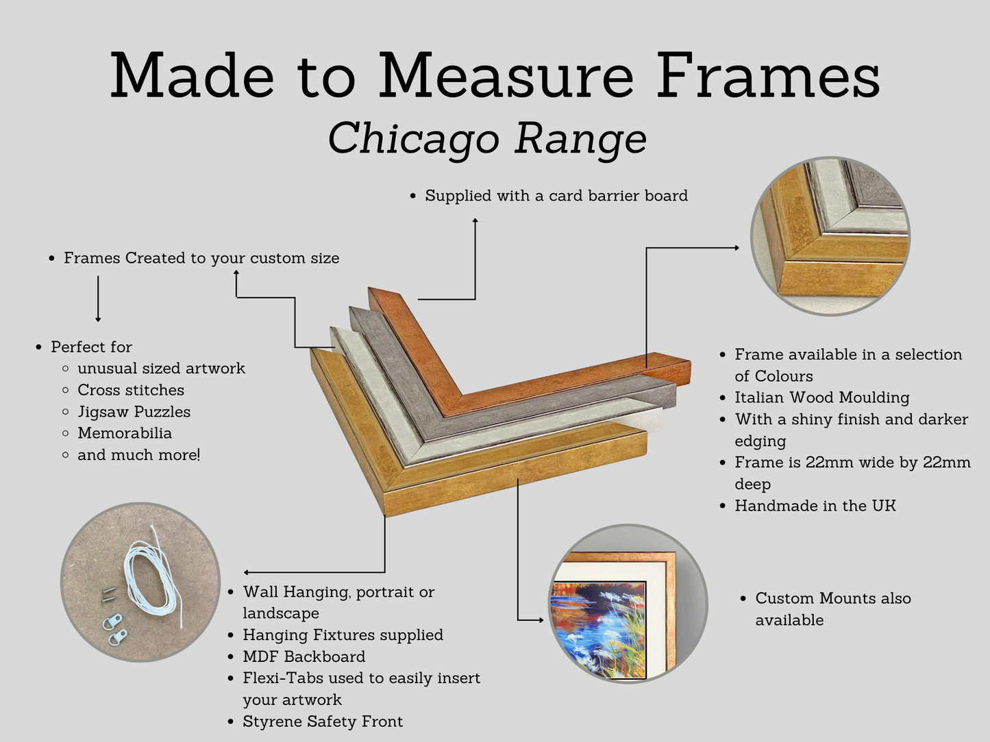 Made To Measure - Wooden Picture Frames - Gold, Silver, Bronze, Pewter - Chicago Range - PhotoFramesandMore - Wooden Picture Frames