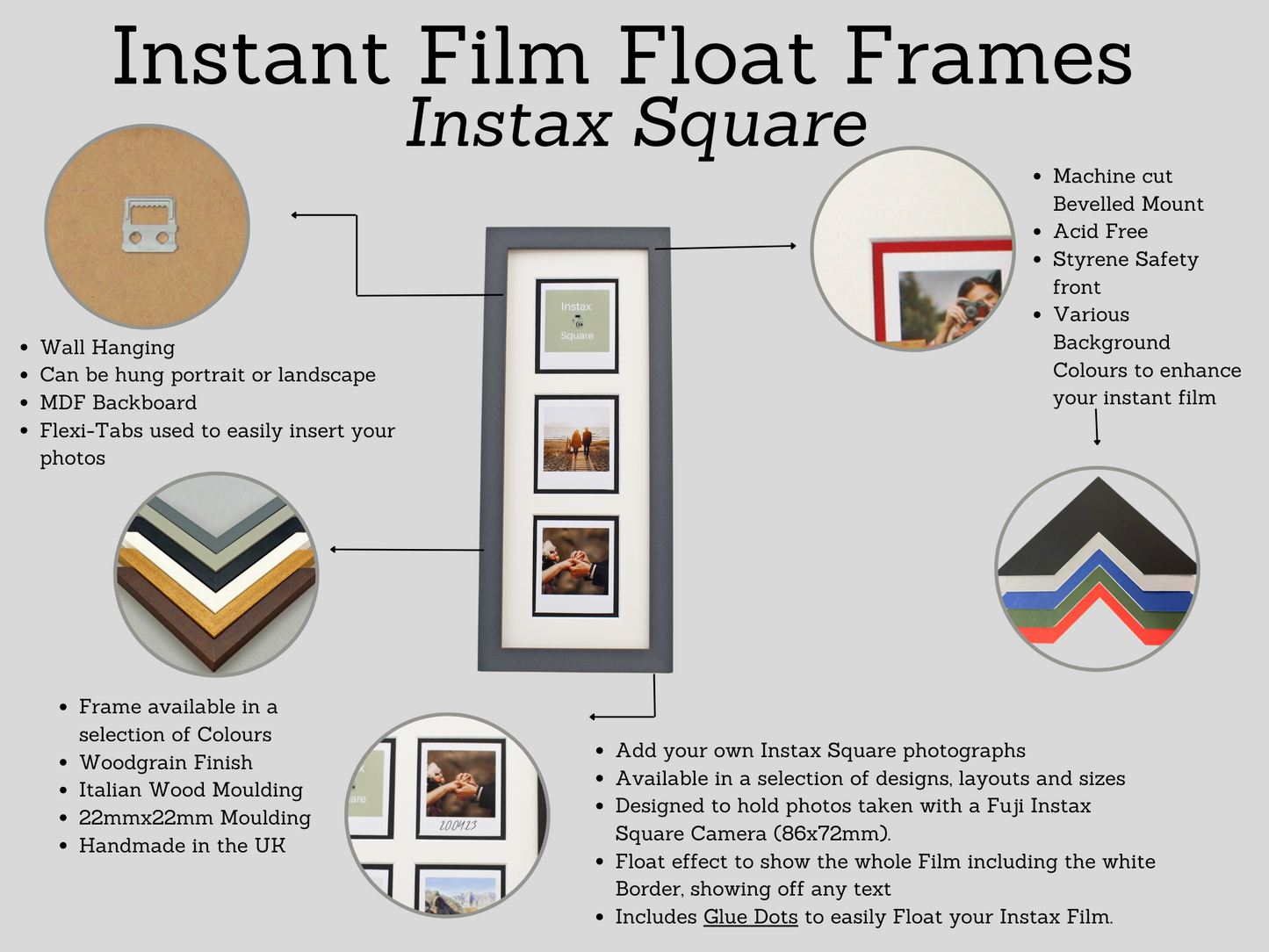 Instax Film Float Frame - Suits Three Instax Square Film - PhotoFramesandMore - Wooden Picture Frames