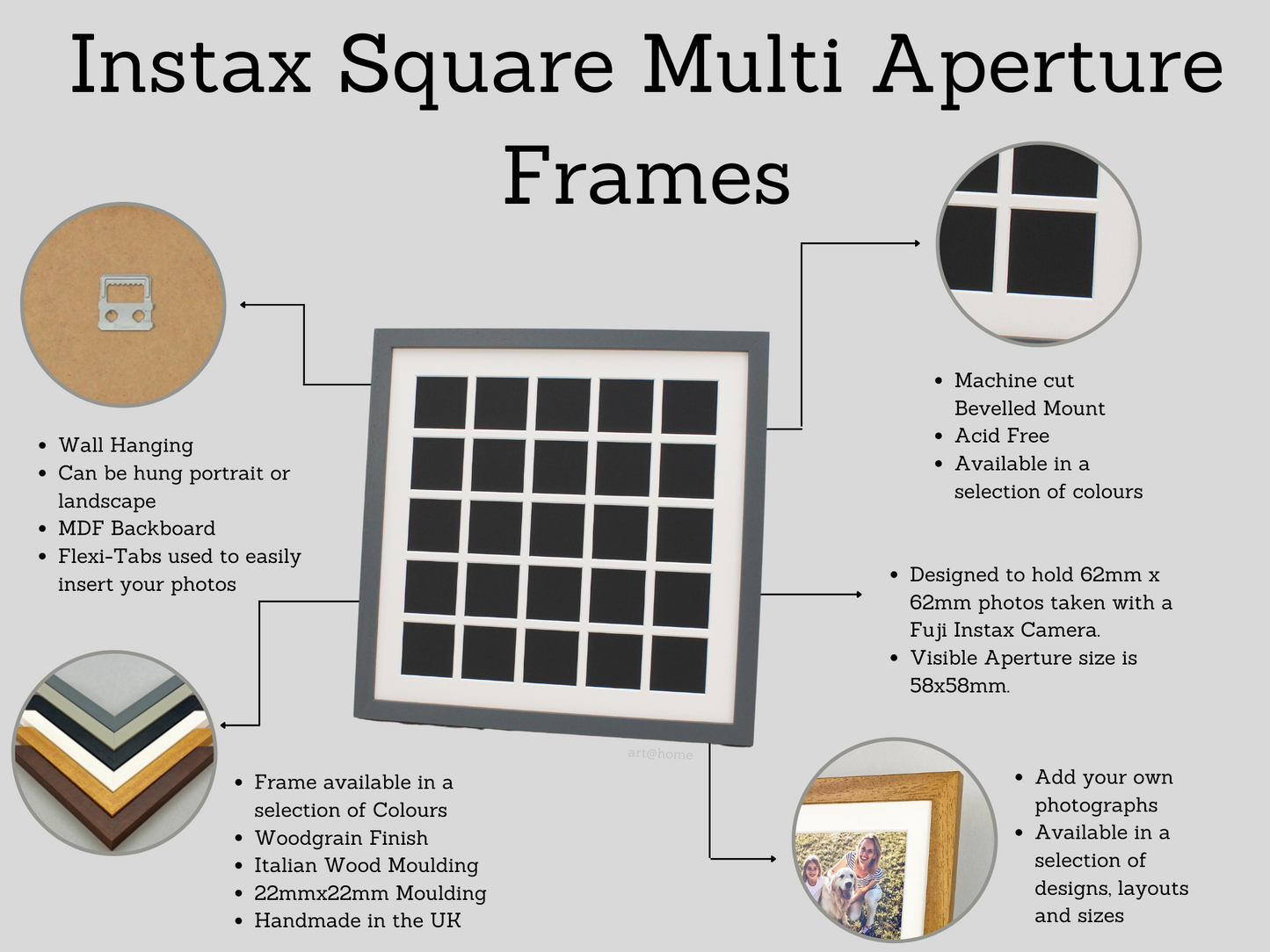 Instax Square Multi Aperture Wooden Photo Frame. Holds Thirty-Six 62mmx62mm sized Photos. 50x50cm. - PhotoFramesandMore - Wooden Picture Frames