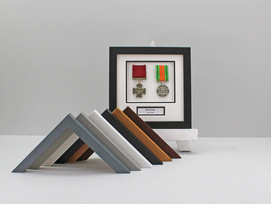 Personalised Military Medal display Frame for Two Medals and Text. 20x20cm. War Medals. - PhotoFramesandMore - Wooden Picture Frames
