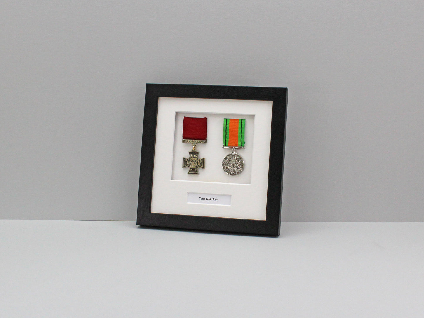 Personalised Military Medal display Frame for Two Medals and Text. 20x20cm. War Medals. - PhotoFramesandMore - Wooden Picture Frames