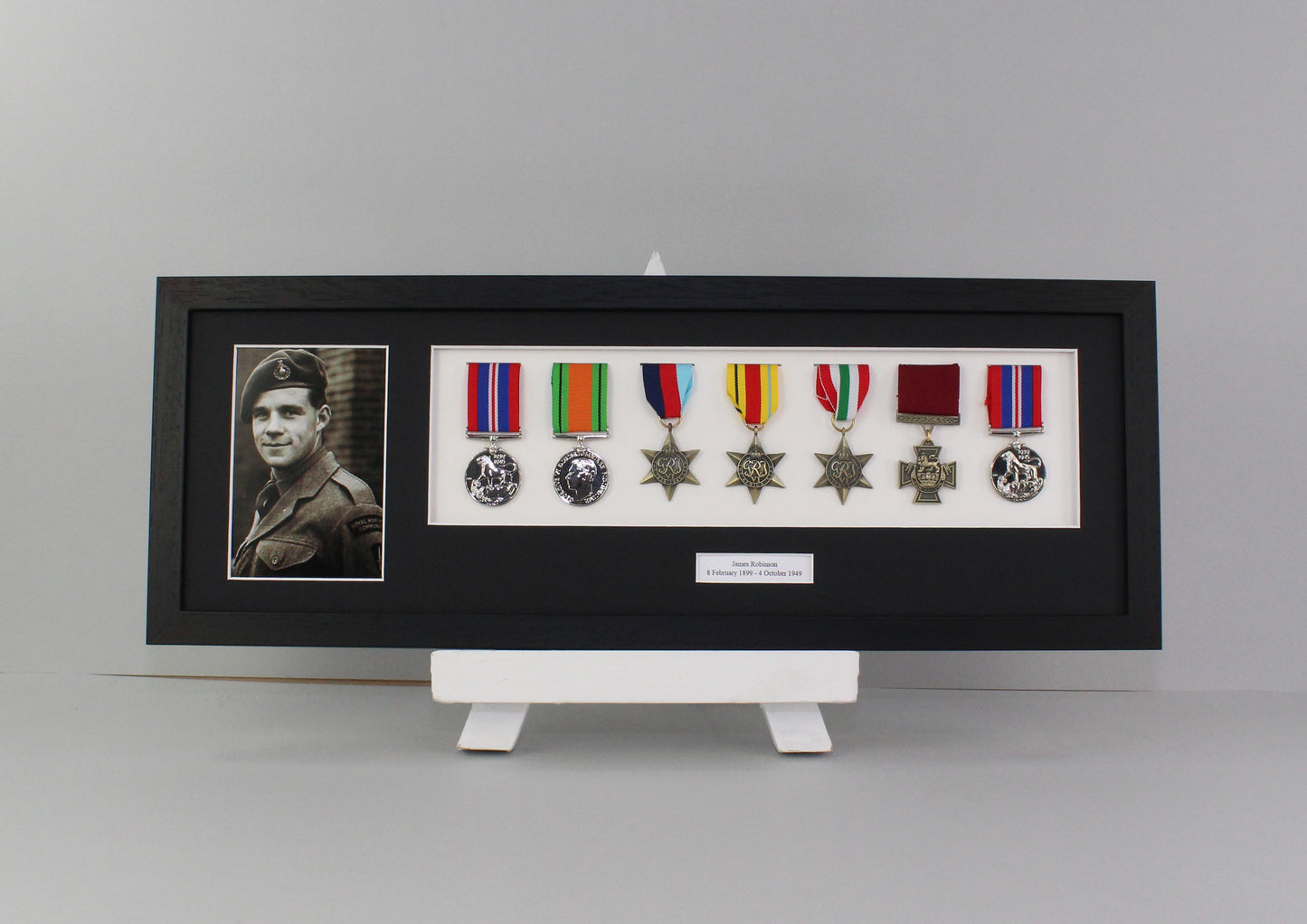 Personalised Military Medal display Frame for Seven Medals and a 6x4" Photograph. 20x60cm.  War Medals. - PhotoFramesandMore - Wooden Picture Frames