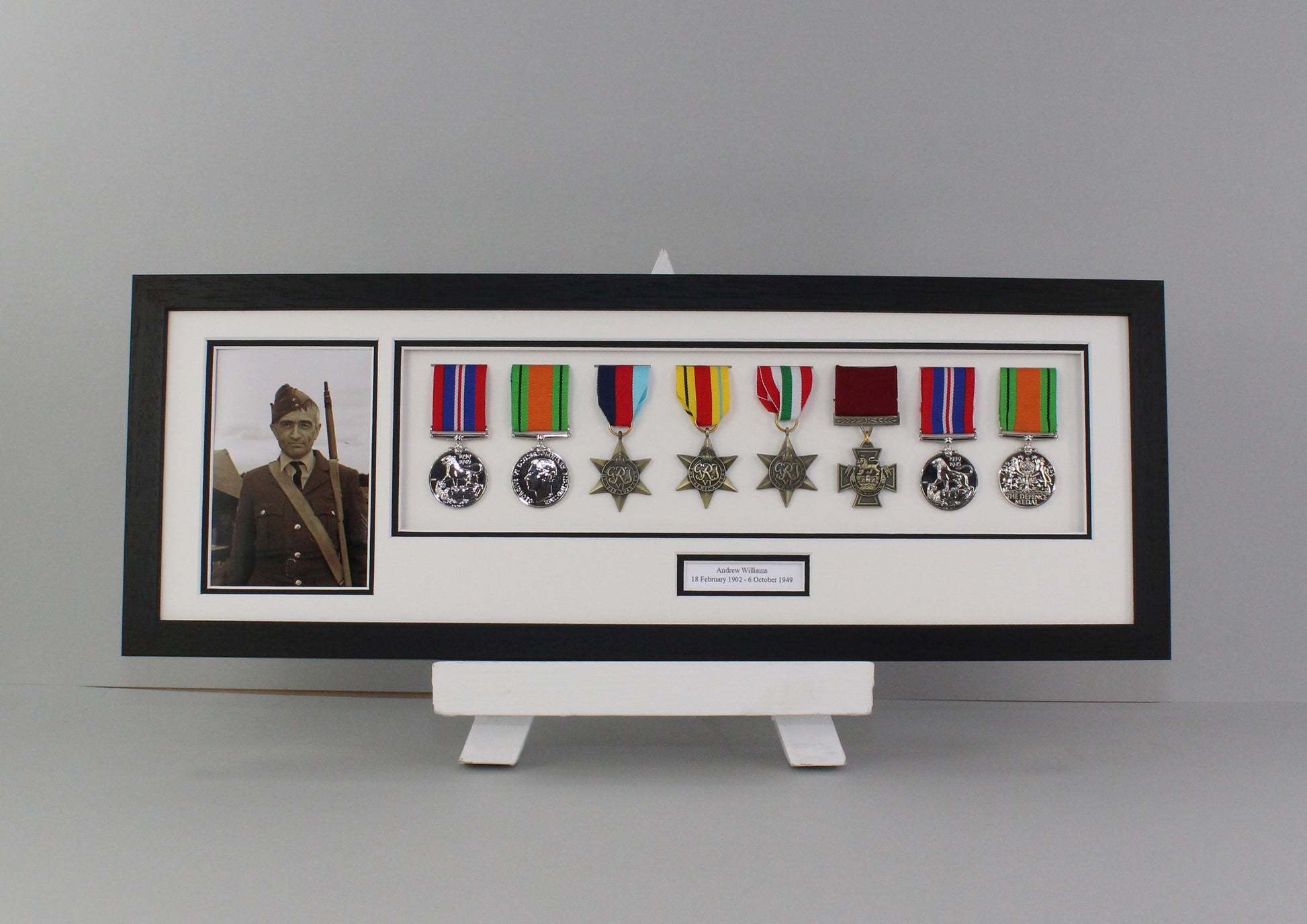 Personalised Military Medal display Frame for Eight Medals and a 6x4" Photograph. 20x60cm. - PhotoFramesandMore - Wooden Picture Frames