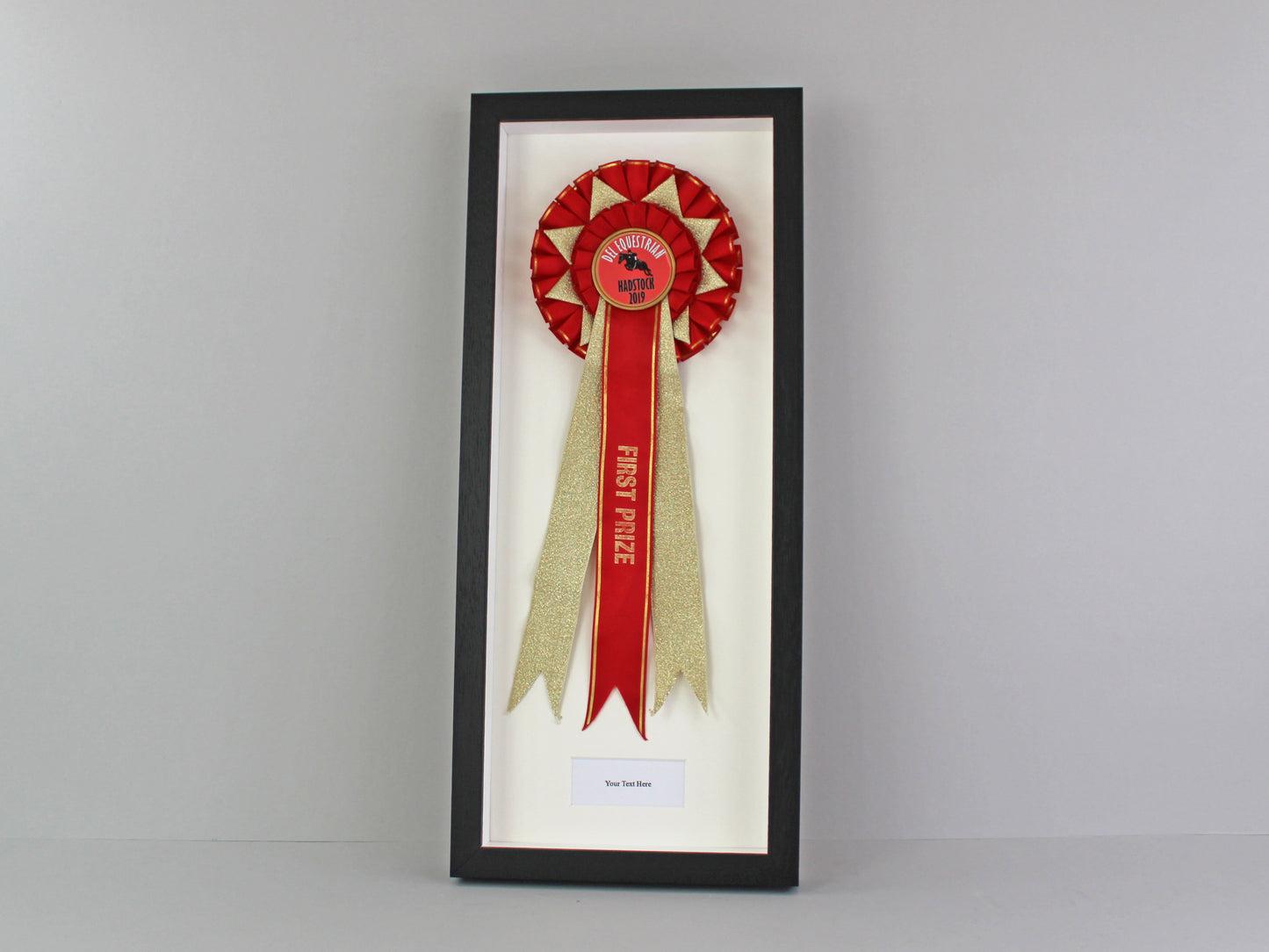 Personalised Rosette Display Frame. 20x50. Suits one Rosette with text box. - PhotoFramesandMore - Wooden Picture Frames