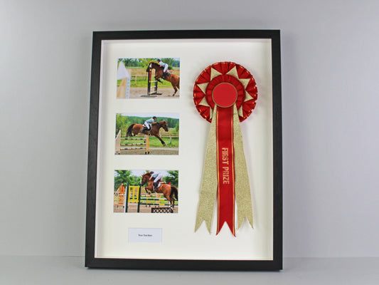 Personalised Rosette Display Frame. 40x50. Suits a Rosette, Three 6x4" Photographs, with an aperture for text - PhotoFramesandMore - Wooden Picture Frames