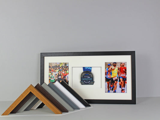 Medal Display frame for One Medal and Two 5x7" Photos. Mixed Layout. 25x50cm. - PhotoFramesandMore - Wooden Picture Frames