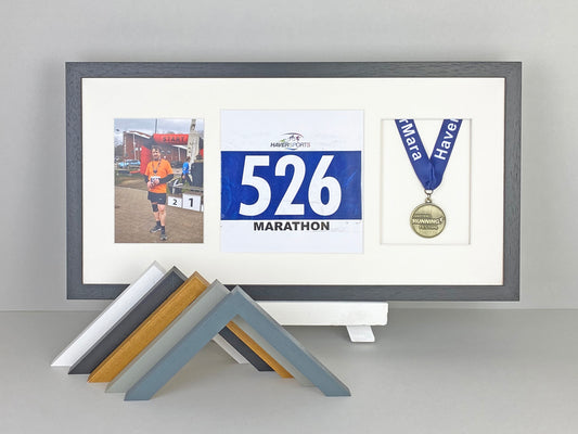 Medal display Frame with Apertures for Medal, Bib number and Photo. - PhotoFramesandMore - Wooden Picture Frames