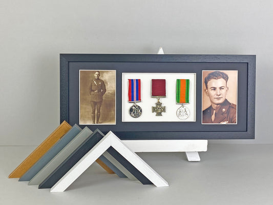 Military and Service Medal display Frame for Three Medals and two 6x4" Photographs. 20x50cm. - PhotoFramesandMore - Wooden Picture Frames