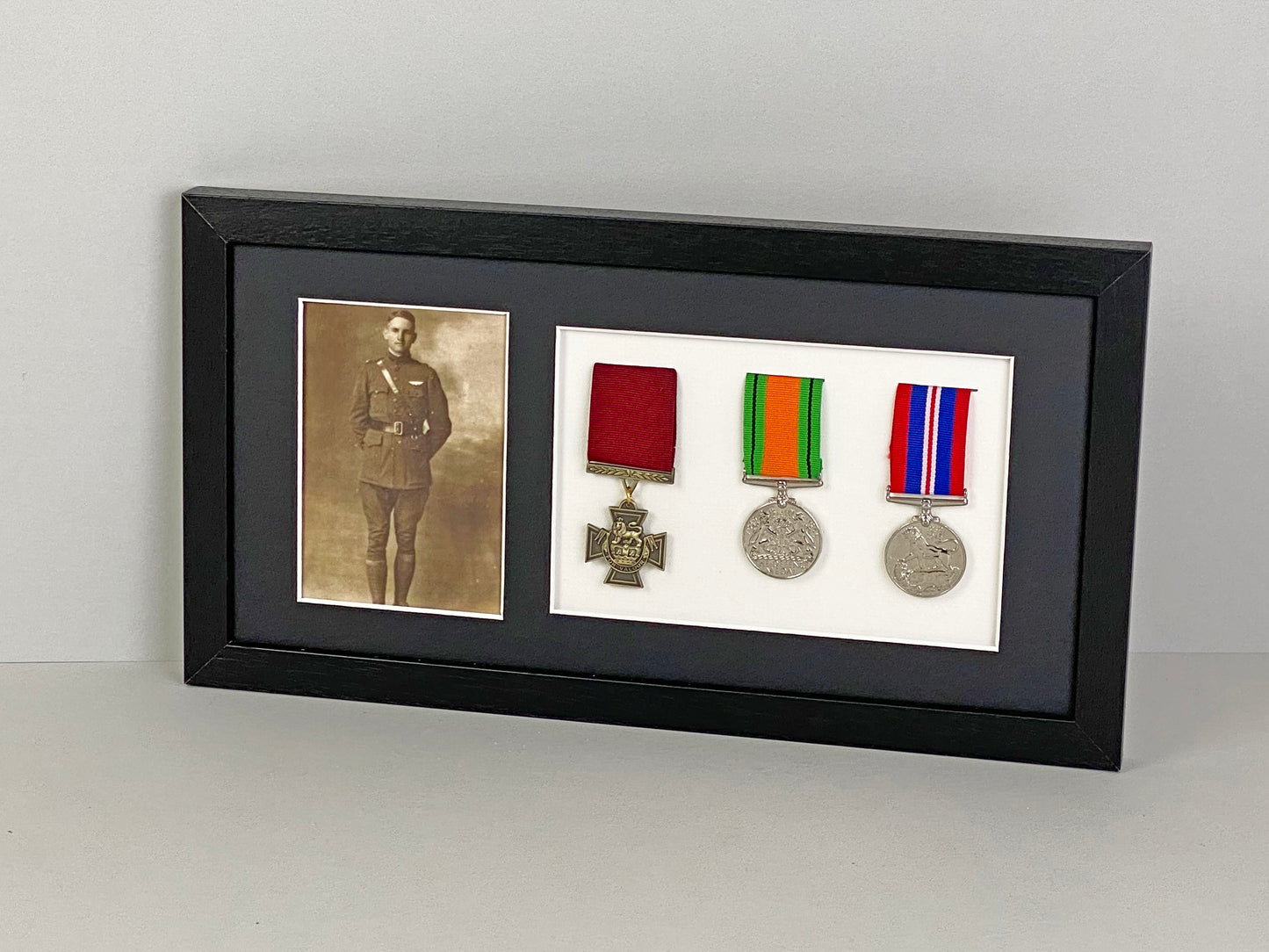 Military and Service Medal display Frame for Three Medals and a 6x4" Photograph. 20x40cm. - PhotoFramesandMore - Wooden Picture Frames