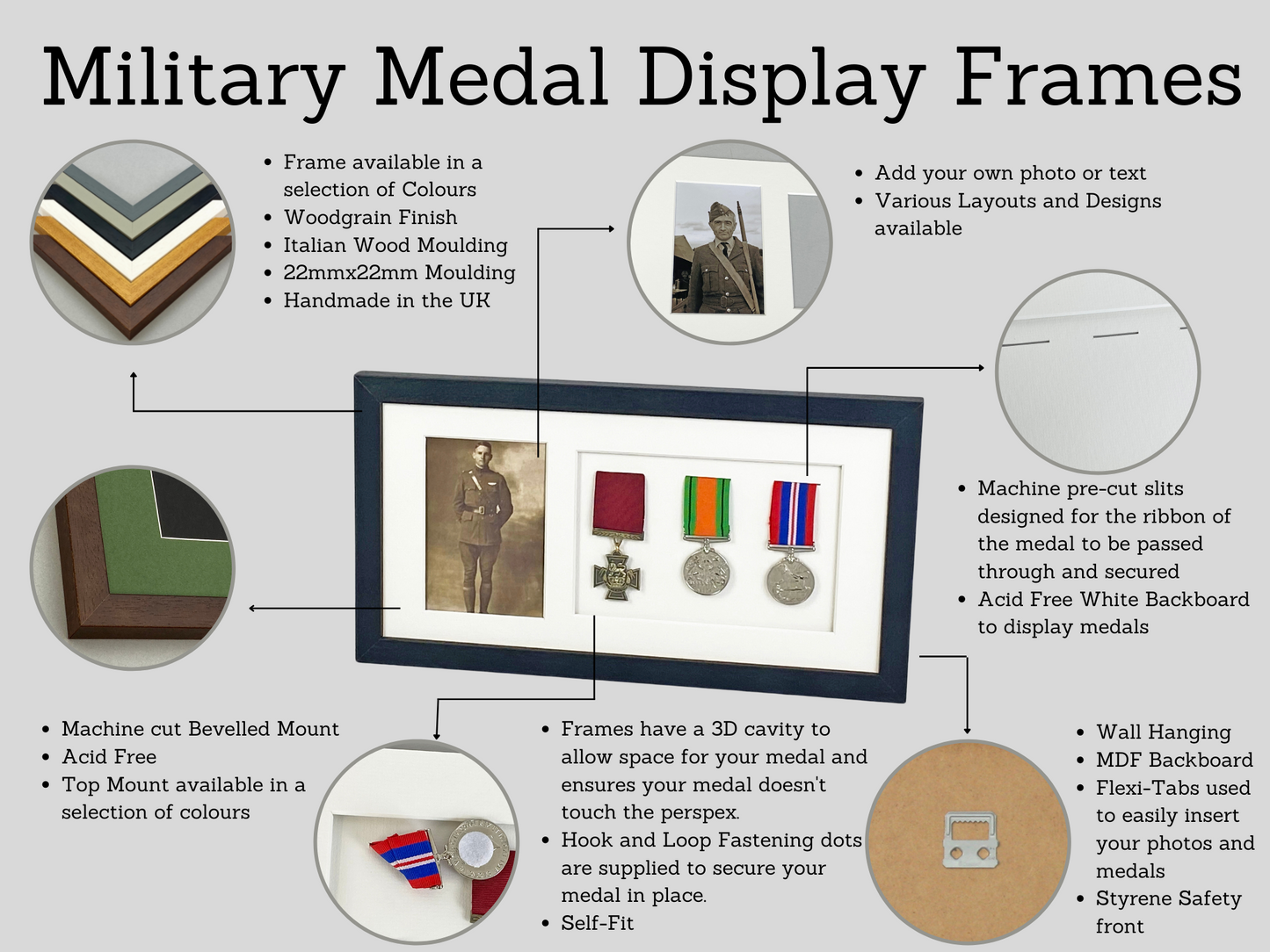Personalised Military Medal display Frame for Seven Medals and a 6x4" Photograph. 20x60cm.  War Medals. - PhotoFramesandMore - Wooden Picture Frames
