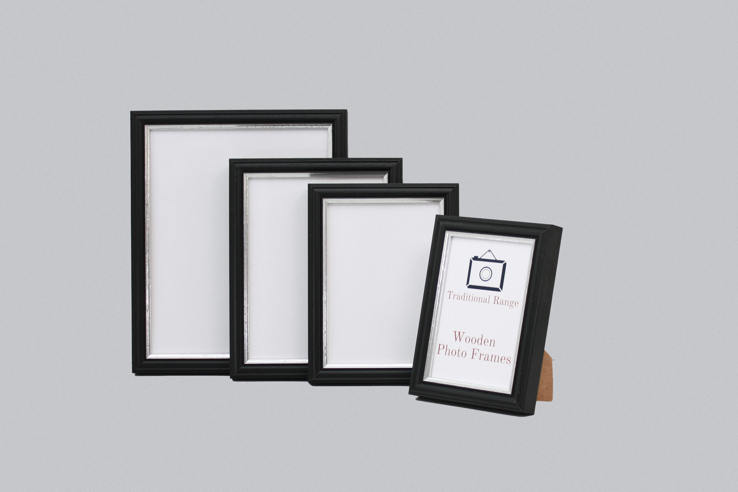 Black with Silver Trim - Traditional Style Wooden Photo Frames - Stand or Hang.