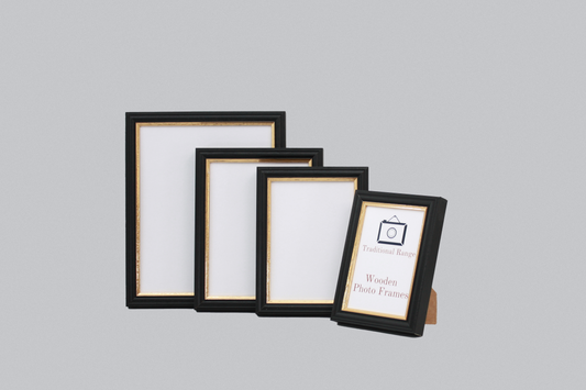 Black with Gold Trim - Traditional Style Wooden Photo Frames - Stand or Hang.