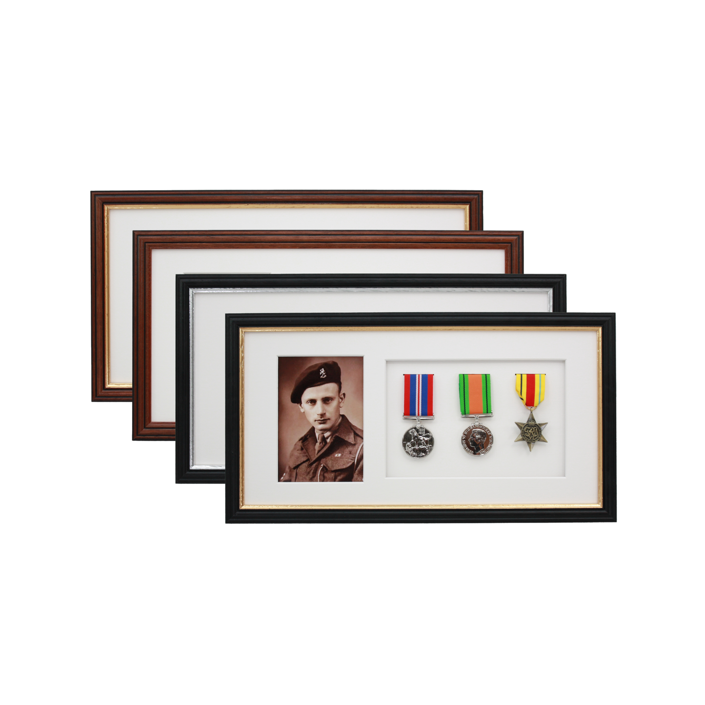 Military Medal display Frame for Three Medals and a 6x4" Photograph. Traditional Range. - PhotoFramesandMore - Wooden Picture Frames