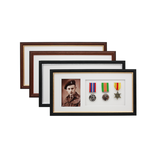 Military Medal display Frame for Three Medals and a 6x4" Photograph. Traditional Range. - PhotoFramesandMore - Wooden Picture Frames