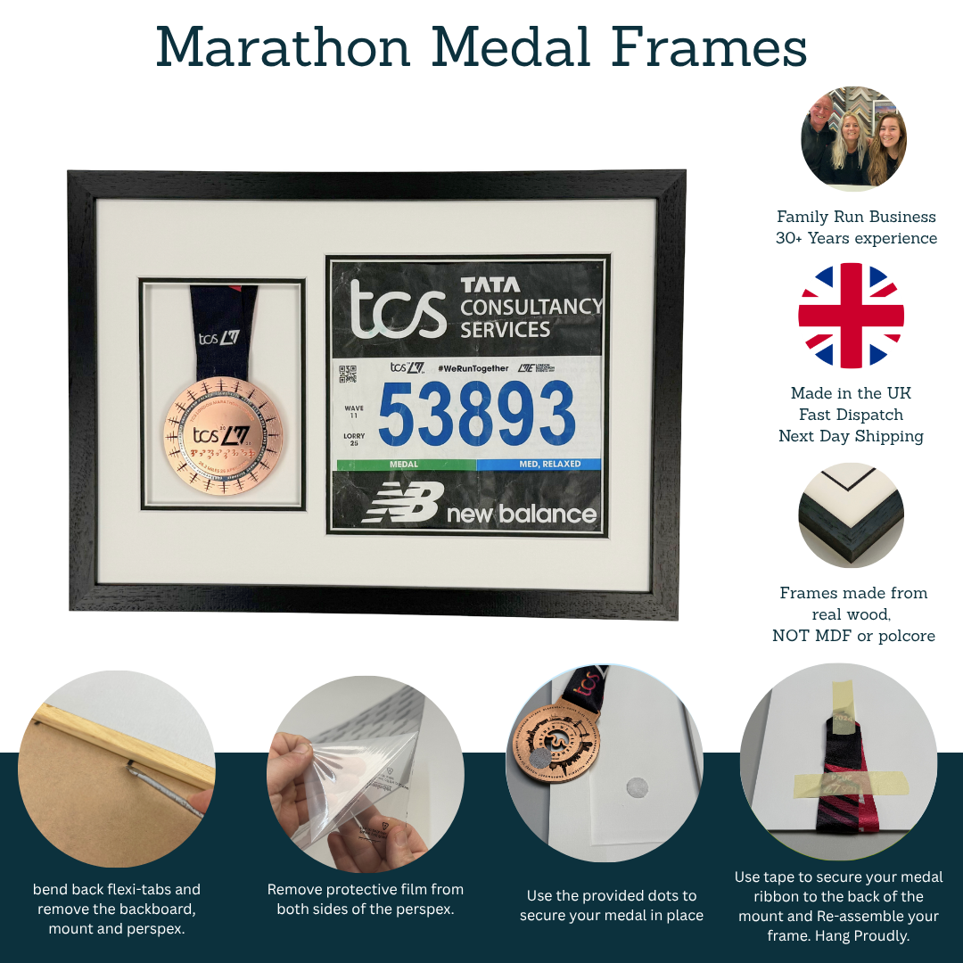 The image is an advertisement for "Marathon Medal Frames" from TATA CONSULTANT SERVICES. It features a framed medal with a runner's number, a medal with a runner's number, and a medal with a runner's number. The frames are made from real wood and not fake or plastic. The ad provides instructions on how to mount and remove the backboard, as well as how to secure the medal in place using tape.