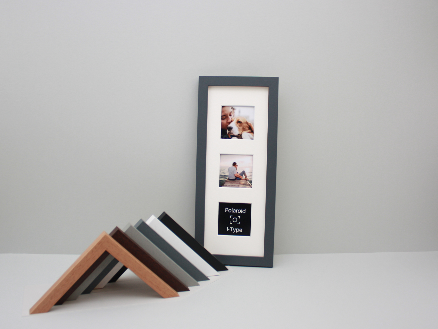 Polaroid I-TYPE - Wooden Multi Aperture Frame. Holds Three 76mmx76mm sized Photos. 15x40cm. Small Photos taken with Polaroid I-Type Camera. - PhotoFramesandMore - Wooden Picture Frames