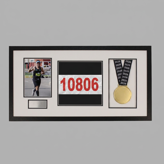 The image is a framed collage that includes a photo of a person running, a medal, and a number.