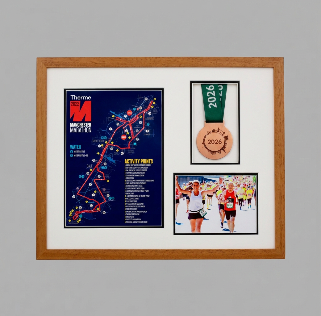 The image is a framed collage that includes a map of the Marathon Marathon, a medal, and a photograph of a runner.