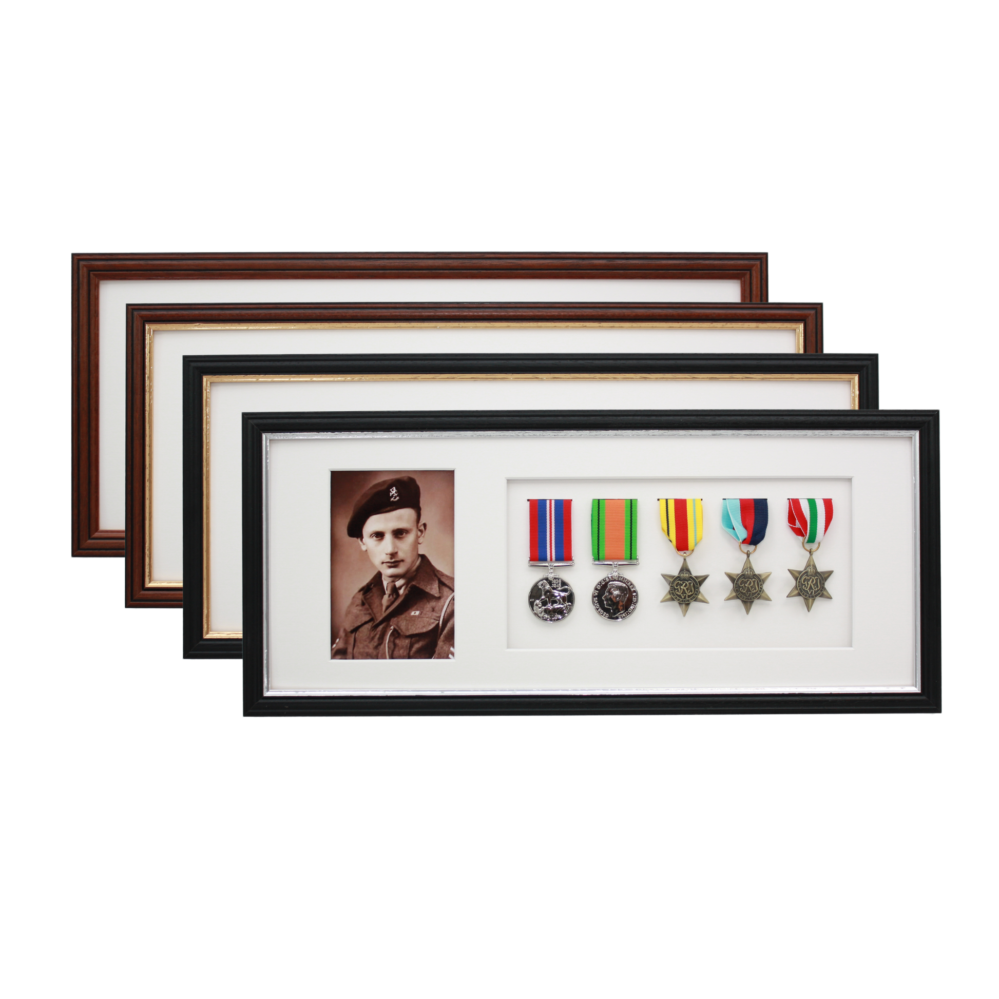 Military Medal display Frame for Five Medals and one 6x4" Photograph. Traditional Range. - PhotoFramesandMore - Wooden Picture Frames