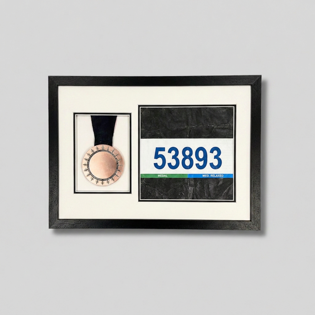 a framed display with a medal and a race number.