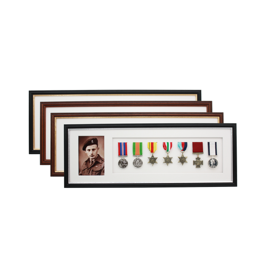 Military Medal display Frame for Seven Medals and one 6x4" Photo. Traditional Range.