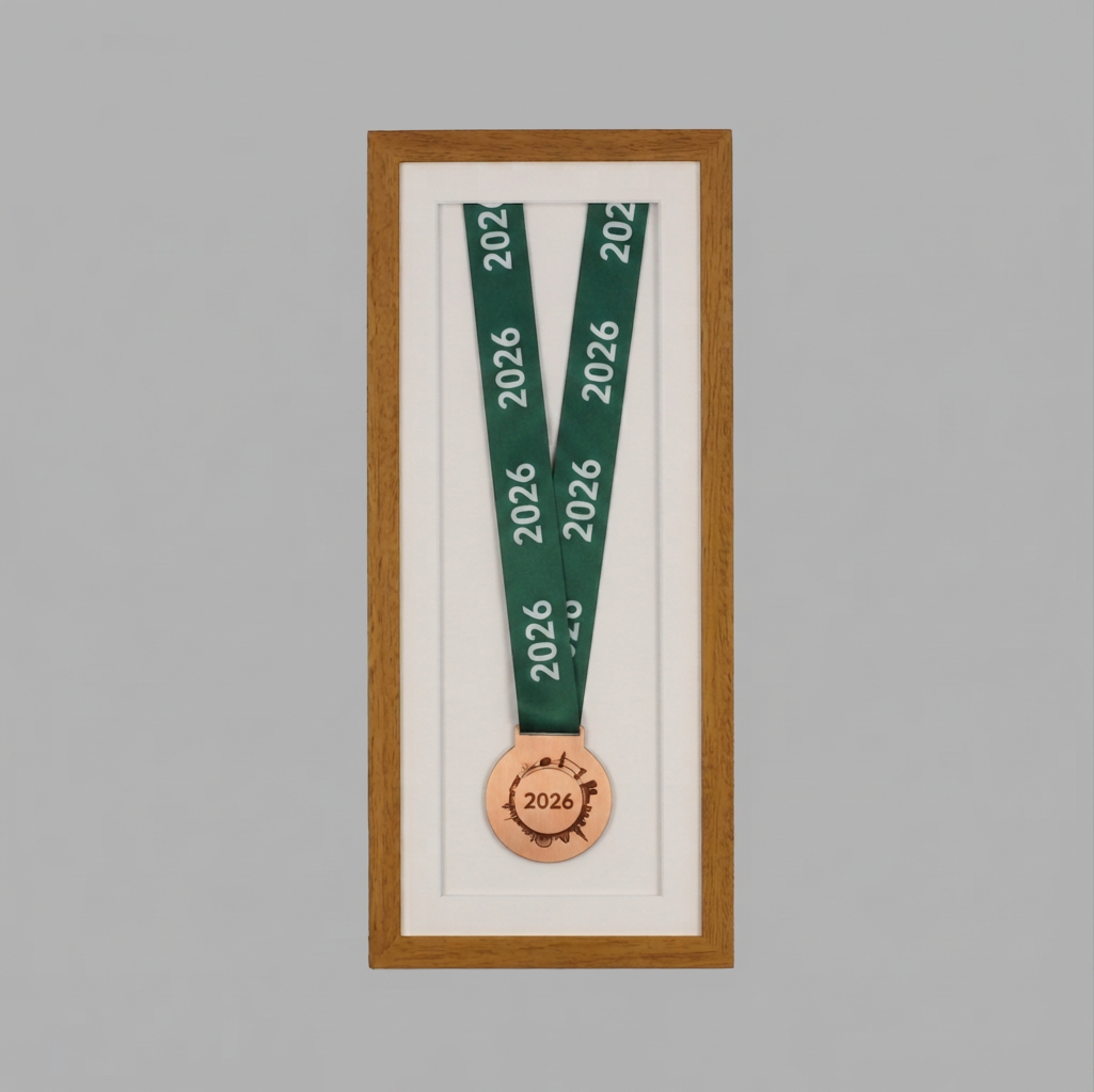 a framed medal with a green ribbon and a copper-colored medal with the year "2026" on it.