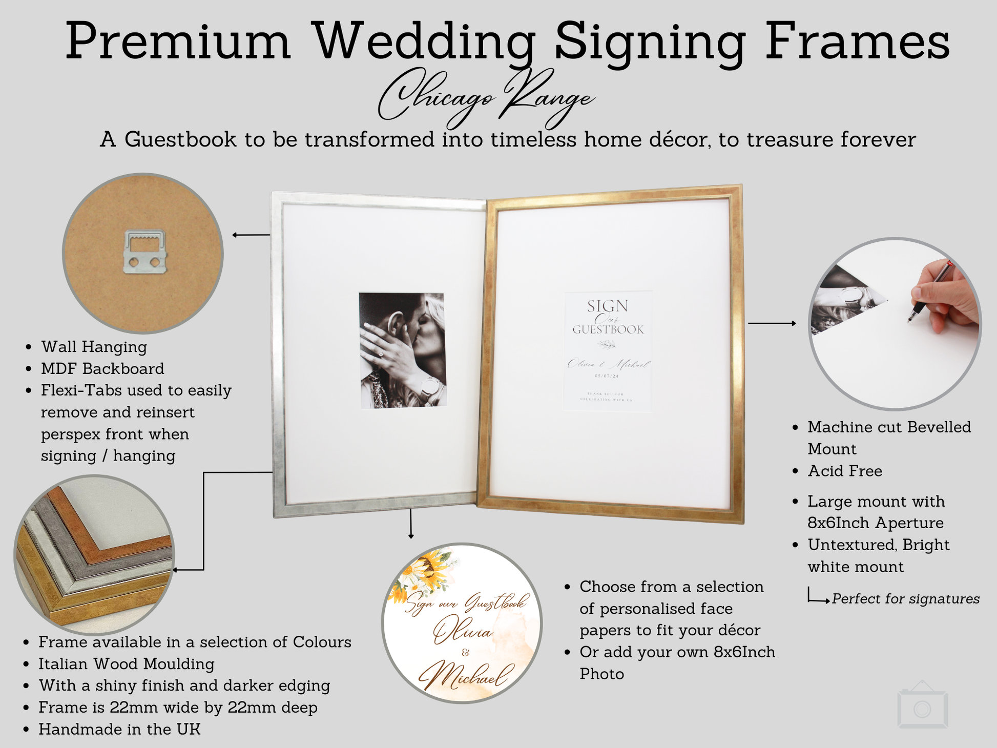 Premium Wedding Signing Frames. Chicago Range. 40x50cm. Wedding Guestbook. - PhotoFramesandMore - Wooden Picture Frames