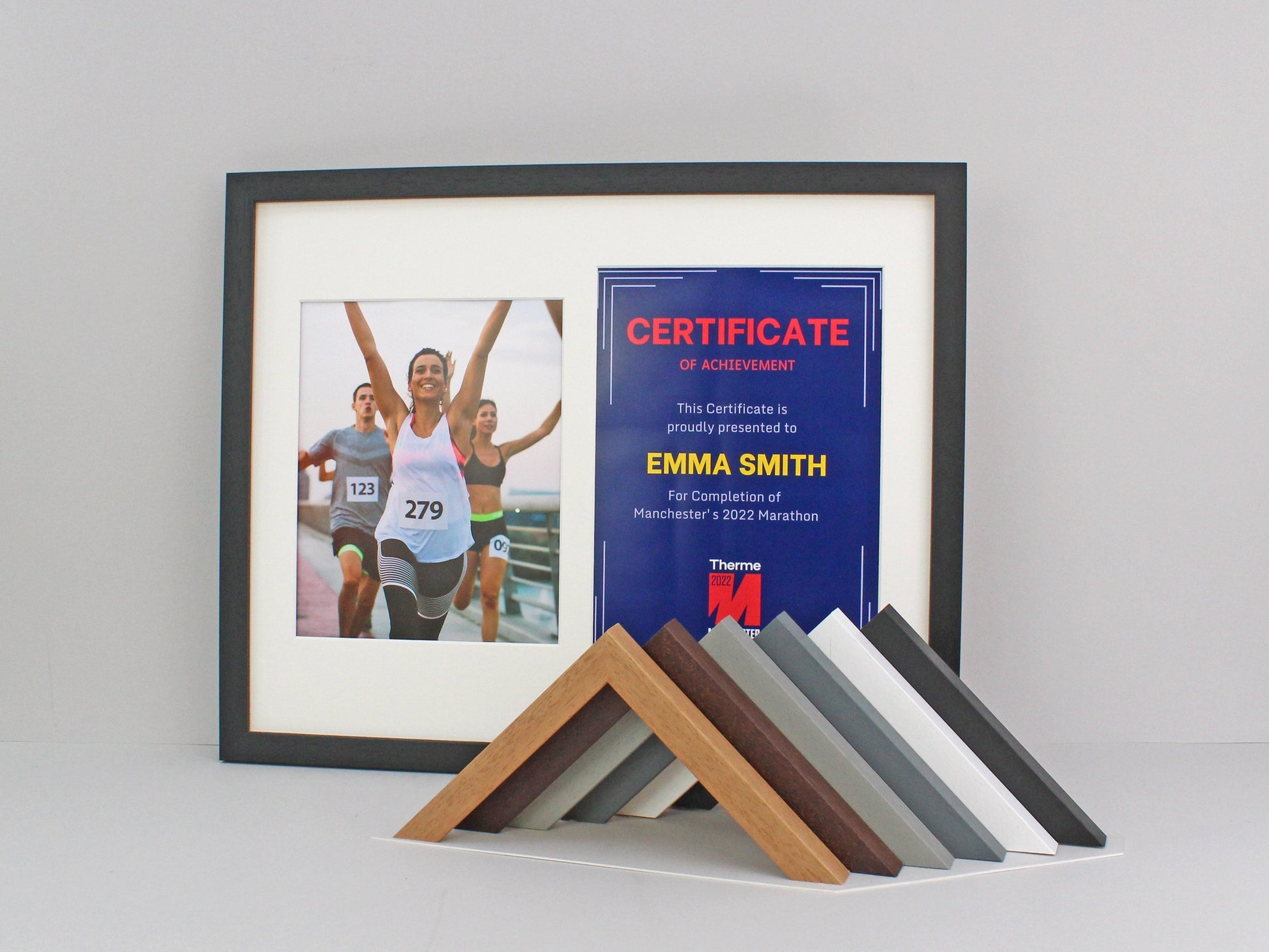 Frame to suit a Running / Cycling Bib and an A4 Certificate / Course Map. Landscape or Portrait. - PhotoFramesandMore - Wooden Picture Frames