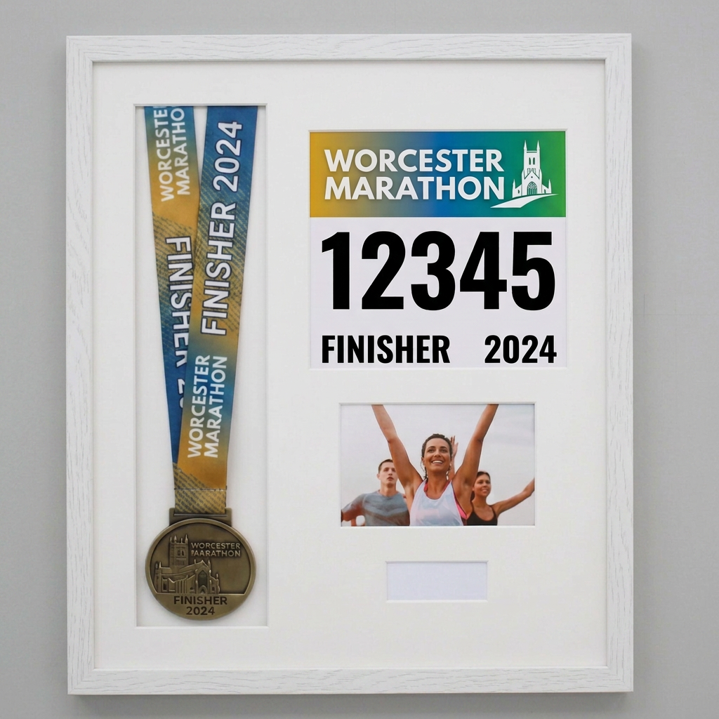 a framed collage of a medal, a photo of three people, and a sign for the Worcestershire Marathon.