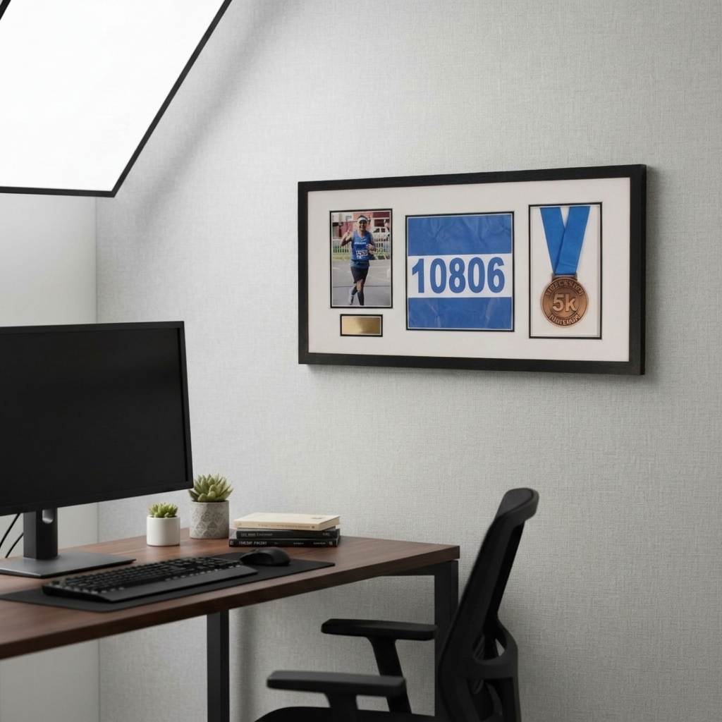 a framed collage of three photos and a medal hanging on a wall above a wooden desk with a computer monitor, keyboard, and mouse.