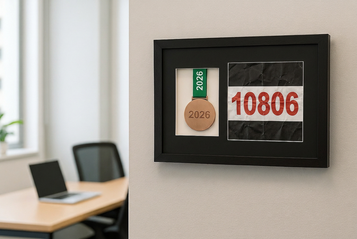 a framed collage of two framed medals and a framed number on a wall.