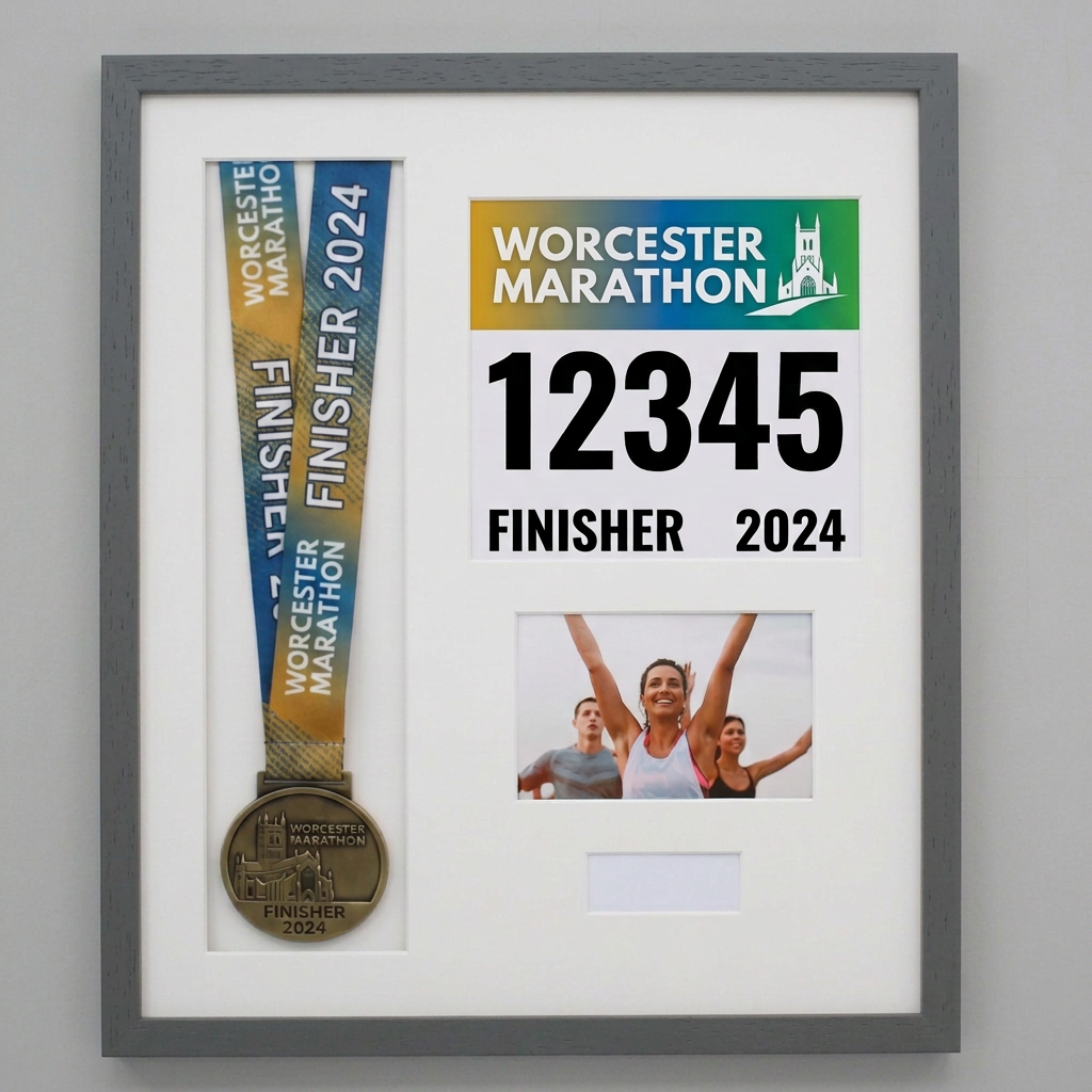 a framed collage of a medal, a photo of three people, and a race number.