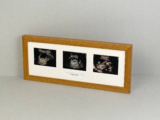 Landscape Baby Scan Frame for Three Scans and one Text Box. Optional Personalisation. - PhotoFramesandMore - Wooden Picture Frames