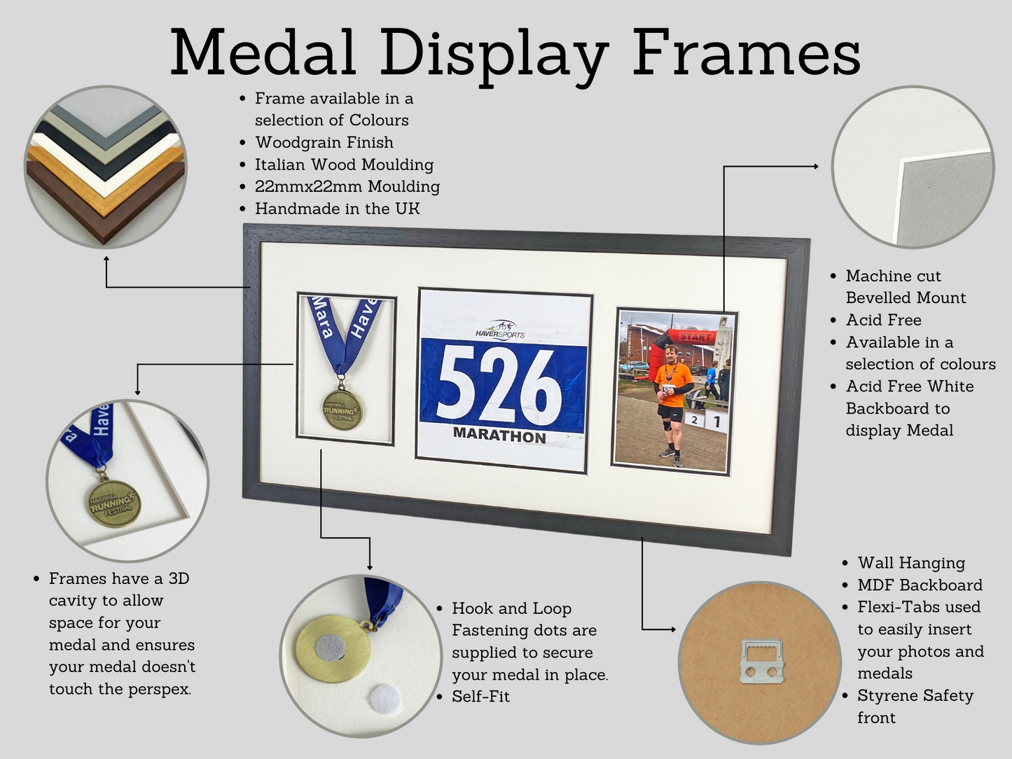 Medal display Frame with Apertures for Medal, Bib number and Photo. - PhotoFramesandMore - Wooden Picture Frames