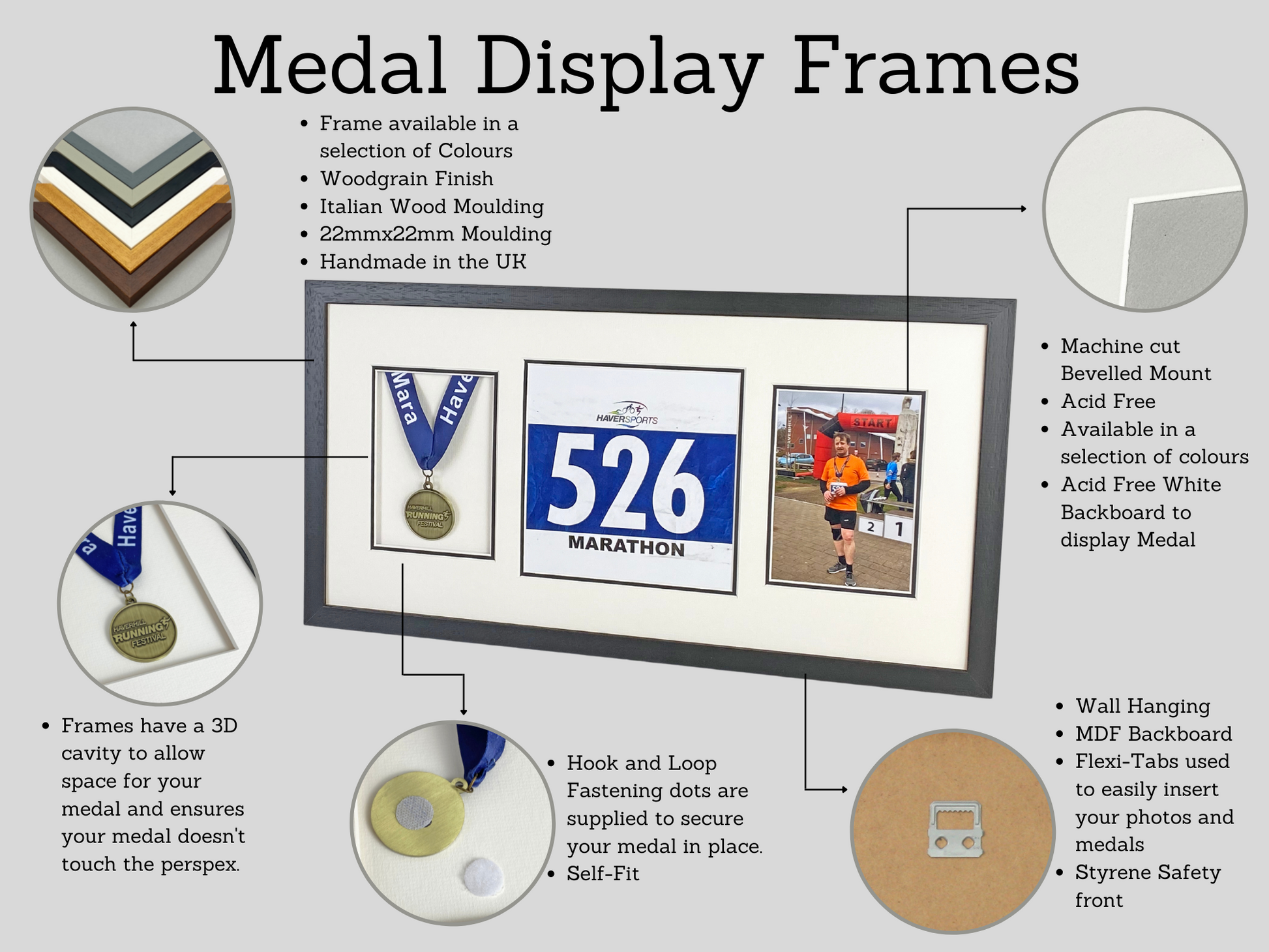 Medal display Frame with Apertures for Medal, Bib number (21x15cm) and Photo. 25x60cm Frame - PhotoFramesandMore - Wooden Picture Frames