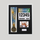 The image is a framed collage that includes a medal, a photo of three people, and text related to the Worcestershire Marathon.