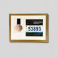 a framed picture with a medal and a race number.